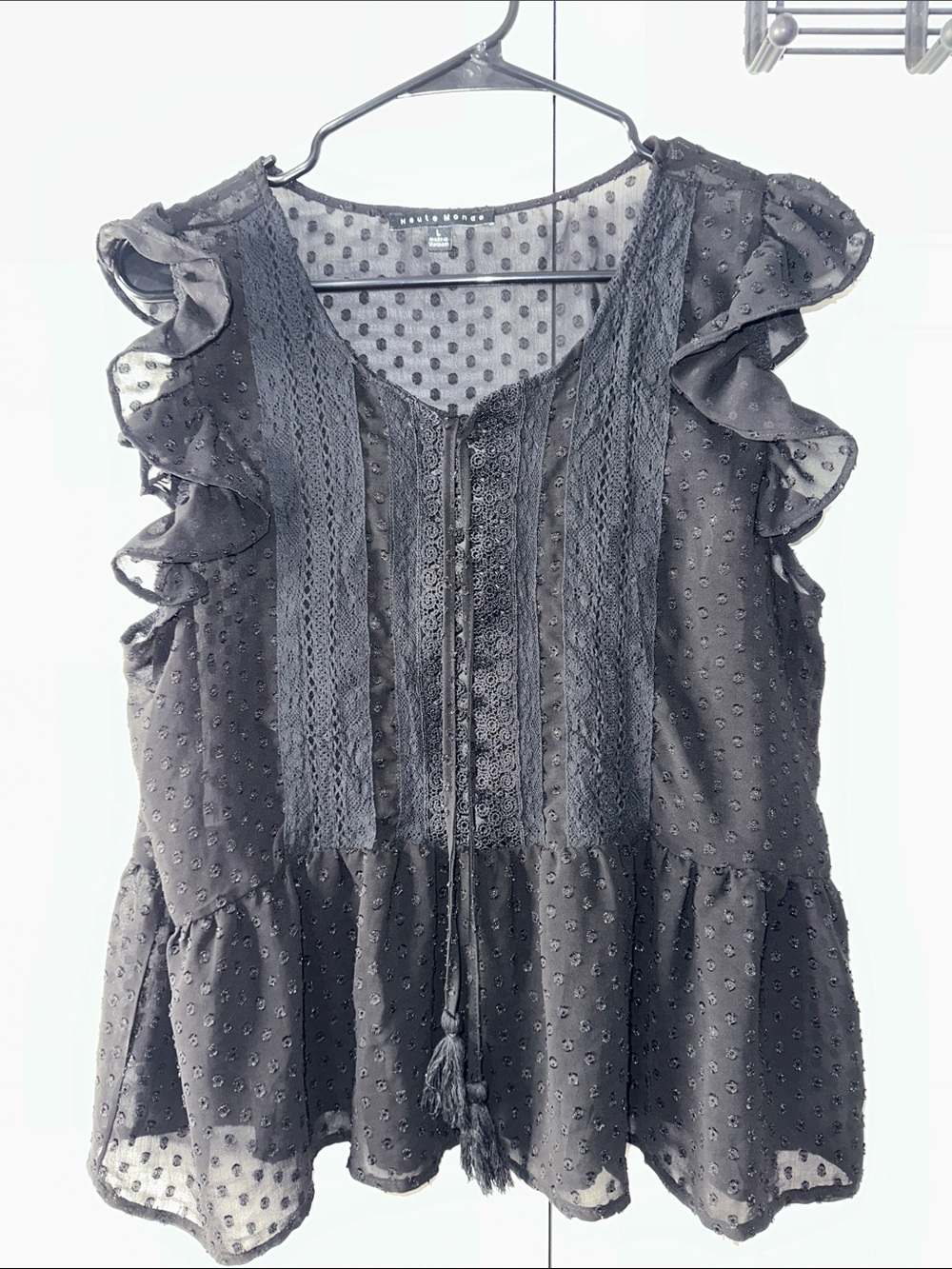 Haute Monde Black Swiss Dot Ruffle Peplum Blouse